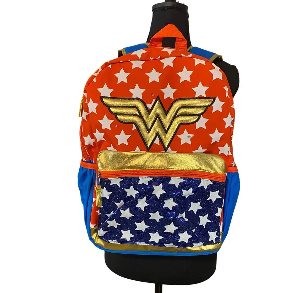 DC Wonder Woman Backpack Red White Blue Stars Gold Logo BTS school book bag
